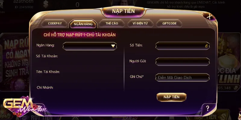 Nạp tiền cổng game Gemwin nhanh an toàn